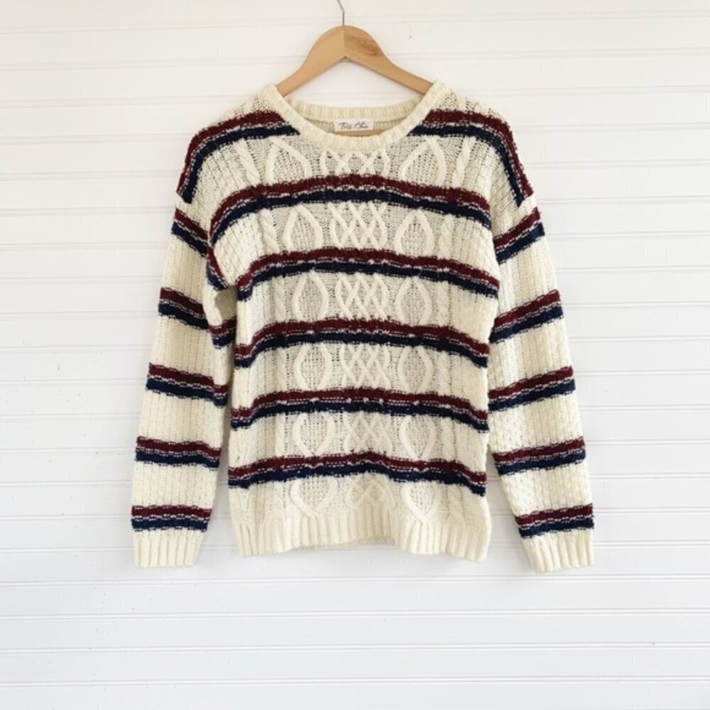 Tres Chic cream navy burgundy striped knitted chunky‎ sweater size Large